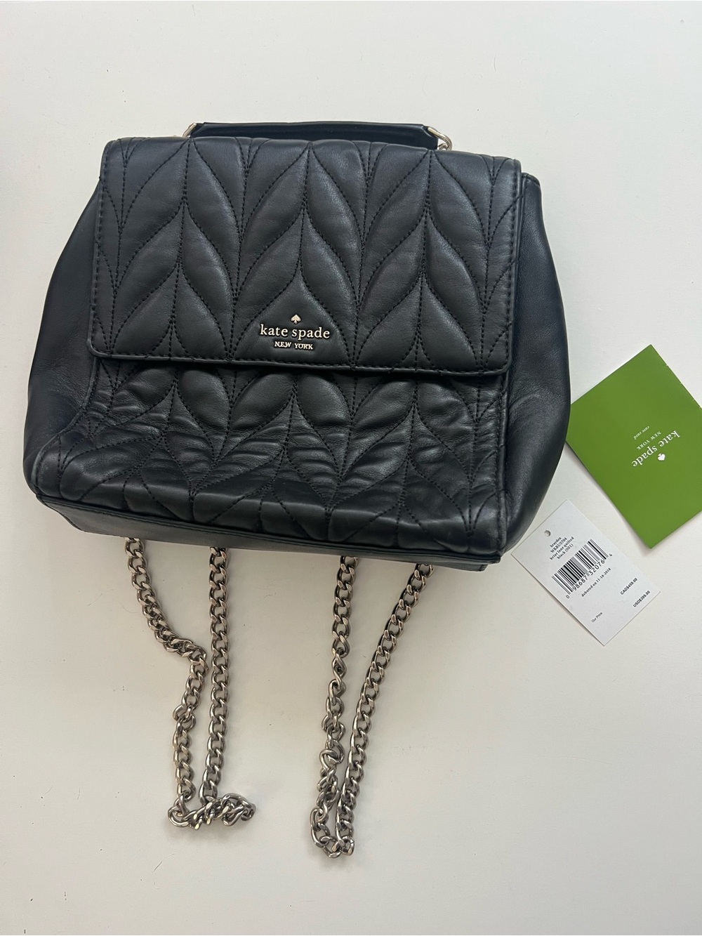 Kate Spade Black/Silver Quilted Leather Chain-Strap Backpack